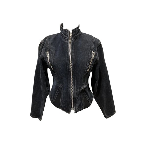 SANTANA Faded Black Structured Denim Moto Biker Jacket Cinched Waist M - Picture 1 of 8